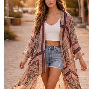 Sheer Boho Kimono Cardigan Floral Patchwork Lightweight Duster Boho Indie Sleaze